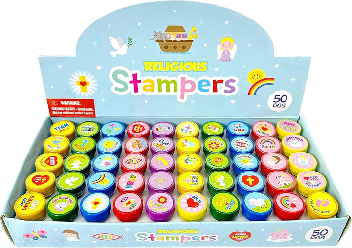 50 Pcs Religious Assorted Stampers for Kids Religious Prizes Carnival Prizes Vacation Bible School Sunday School Prizes