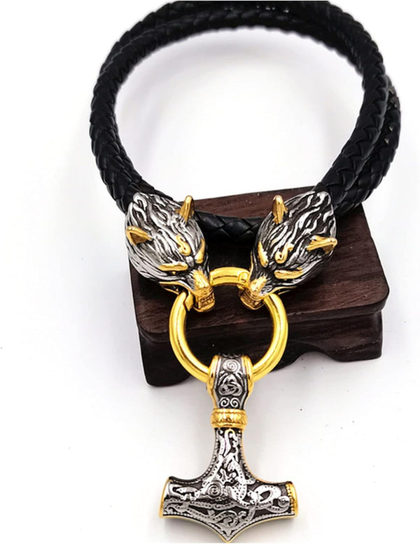 Stainless Steel Wolf Head Leather Chain Thor'S Hammer Pendant Men'S Necklace(Style 3 Gold,80Cm)