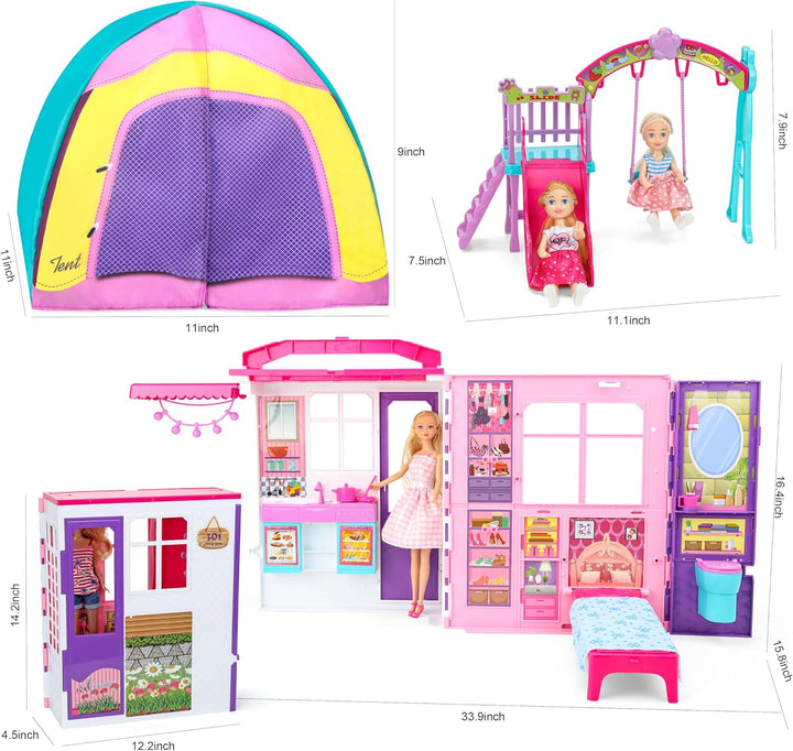Doll House Portable & Foldable Dollhouse W/ 60+ Pcs & 2 Dolls, Play House Toy with Bedroom Kitchen Furniture Camping Playset, Playhouse Birthday Gift for Girl Kid Toddler