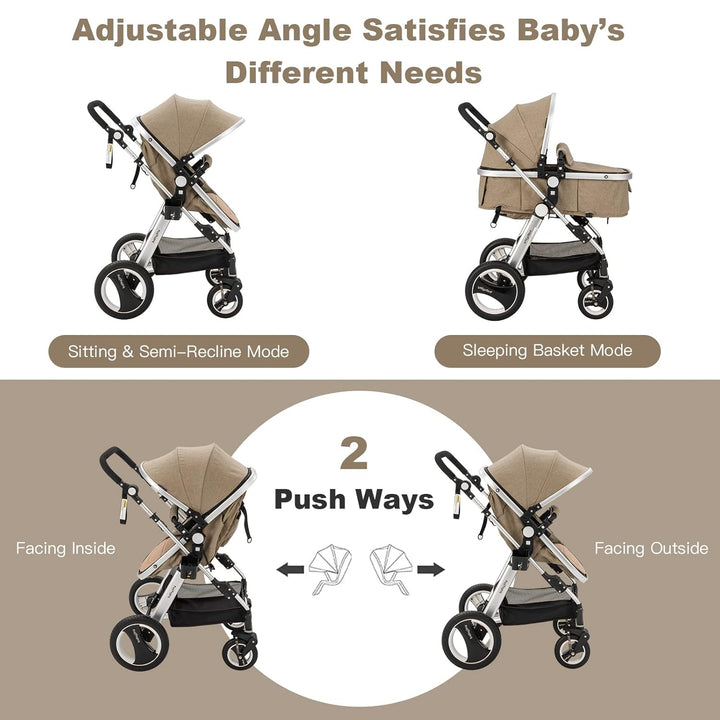 Baby Stroller, 2-In-1 Convertible Bassinet Reclining Stroller, Foldable Pram Carriage with 5-Point Harness, Including Cup Holder, Foot Cover, Diaper Bag, Aluminum Structure, Khaki