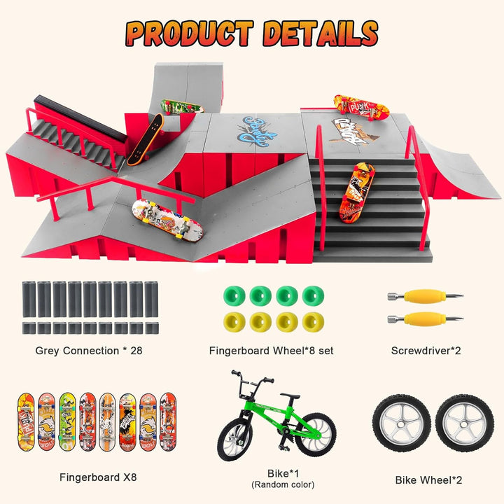 Finger Skateboard Park Kits,14 in 1 Skateboard Finger Toys with 8 Finger Skateboards & 14 Skatepark Deck Ramp,Finger Bike for Boys or Girls Gift,Mini Finger Skateboards Ramp Accessories Set