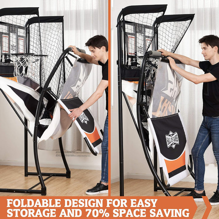 EZ Fold Premium Indoor Arcade Basketball Game with Steel Frame and Polycarbonate Backboard, Dual Shot Electronic Scoring with 6 Size 3 Balls Included, Perfect for Basement Game Rooms