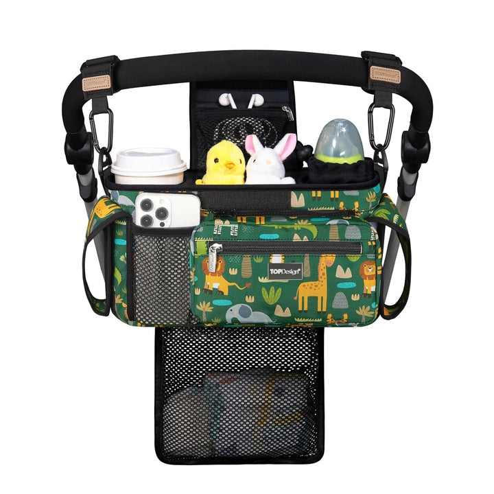 Universal Baby Stroller Organizer, Stroller Caddy with Detachable Mesh Bag & Heightened Insulated Cup Holders & Non-Slip Secure Hooks Accessories, Fits Most Strollers (Checkerboard)