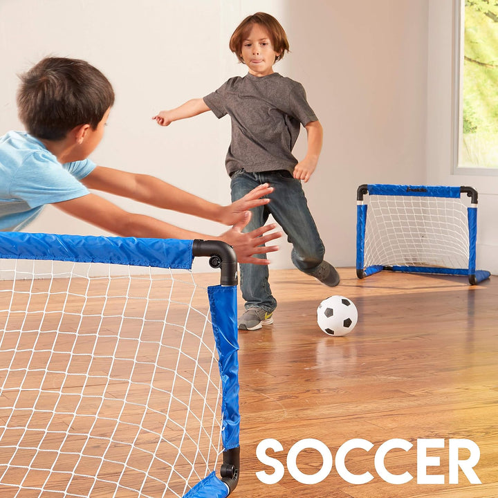 Indoor Mini Goal Sports Set - 3 in 1 Kids Indoor Goal Set - Indoor Mini Floor Hockey, Knee Hockey, and Mini Soccer Set for Kids, Blue, 22 X 17.5-Inch