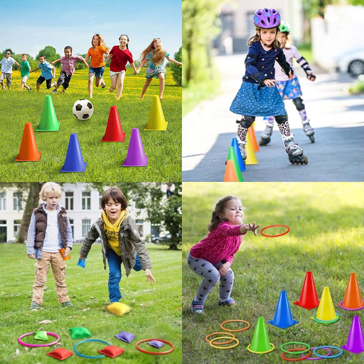 3 in 1 Carnival Games Set, Soft Plastic Cones Bean Bags Ring Toss Games for Kids Birthday Party Outdoor Games Supplies Combo Set