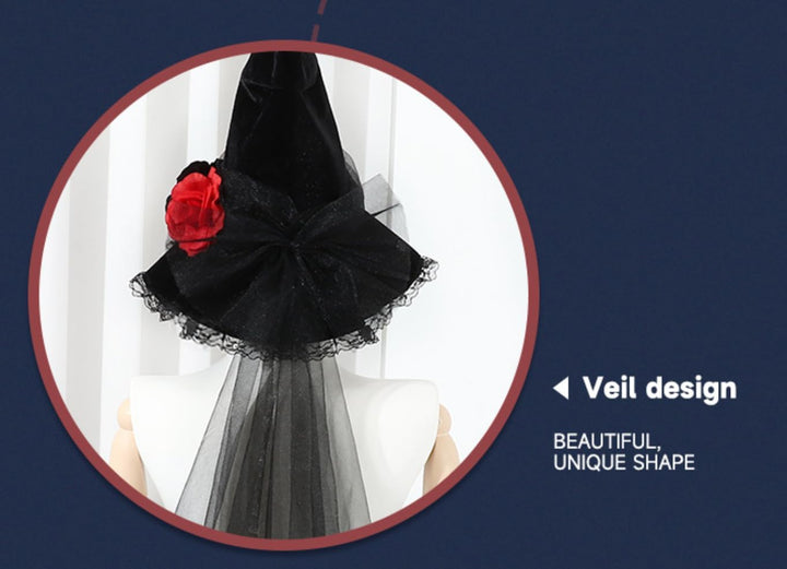 Gothic Witch Hat with Lace Trim, Black Velvet, Red Rose, Halloween Costume Accessory