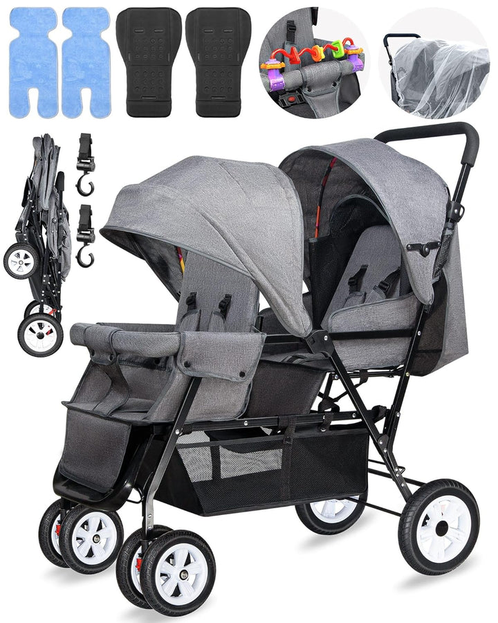 Double Stroller for Infant Toddler, Foldable Double Baby Stroller with Tandem Seating and Adjustable Backrest - Extra Gift Toys/Mosquito Net/Sleeping Mats/ 2 Hooks/ 2 Cotton Pads（Grey）