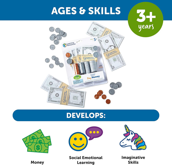 Pretend Play Money - 150 Pieces, Ages 3+ Play Money for Kids, Pretend Money for Kids, Play Money Set, Money and Banking Play Toys, Toddler Learning Toys, for Kids