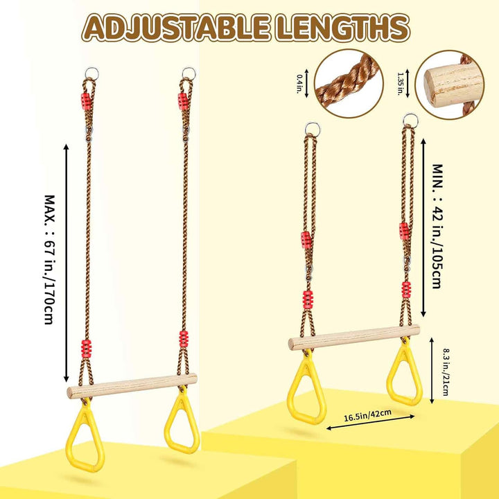 Wooden Trapeze Swing Bar, Adjustable Height Swing Set, Gym Rings, Playground Attachments, 16.5" Monkey Bar for Backyard, Playground, Playroom
