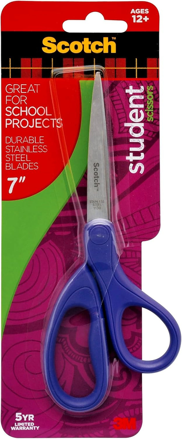 Student Scissors, 7-Inch - Blue, Green, or Purple, Colors May Vary (1407S-MIX)