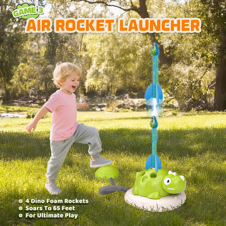 3 in 1 Dinosaur Rocket Launcher Musical Jump Toss Ring Game and Stomping Toys for Kids Outdoor with Remote Control, Indoor outside Toy for Boys Girls 3-13 Toys for Ages 5 6 7 8 9 10 11 Birthday Gifts