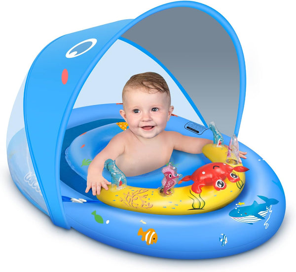 Baby Pool Float with UPF50+ Sun Protection Canopy and Toy Play Console for Infant, Toddler, Adjustable Safety Seat for 3-36 Months