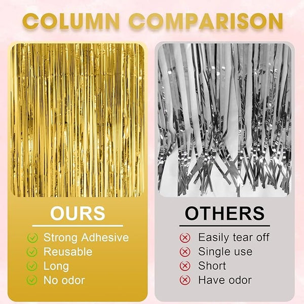 3 Pack 3.3X8.2 Feet Gold Foil Fringe Backdrop Curtains, Tinsel Streamers, Fringe Backdrop for 2025 New Years Eve, Graduation, Birthday, Baby Shower, Gender Reveal, Disco Party