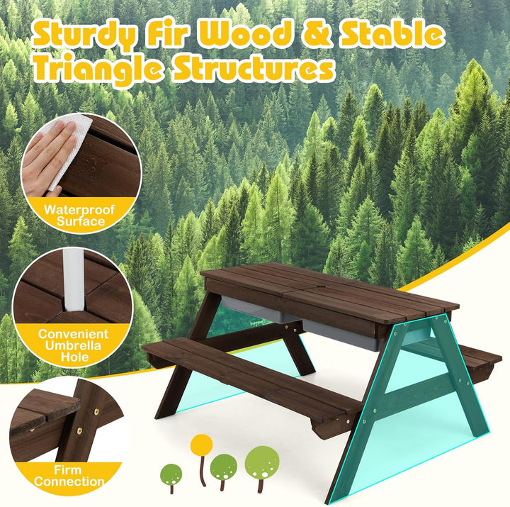 Kids Picnic Table, 4 in 1 Sand and Water Tables W/Detachable Tabletop, 2 Removable Play Boxes, Foldable & Height Adjustable Umbrella, Wood Sensory Table and Bench for Outdoors, Indoors (Brown)