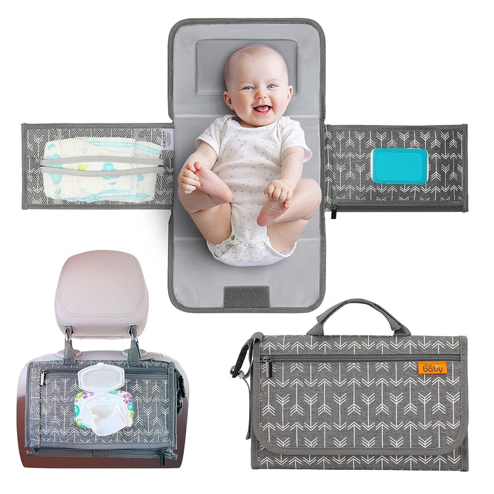 Portable Diaper Changing Pad - Baby Diaper Changer Travel Bag with Wipes Pocket, Smart Design Portable Changing Mat, Infant Travel Station Kit, Gift for Newborn Girl & Boy - Grey, Classic