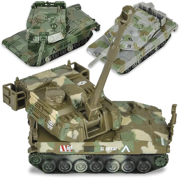 6” Long Pull Back Metal Tank Toys, Set of 3, Diecast Military Vehicles, Camouflage Colors, Army Toys for Boys & Girls, Fun Party Favors, Classroom Prizes, Gifts for Kids