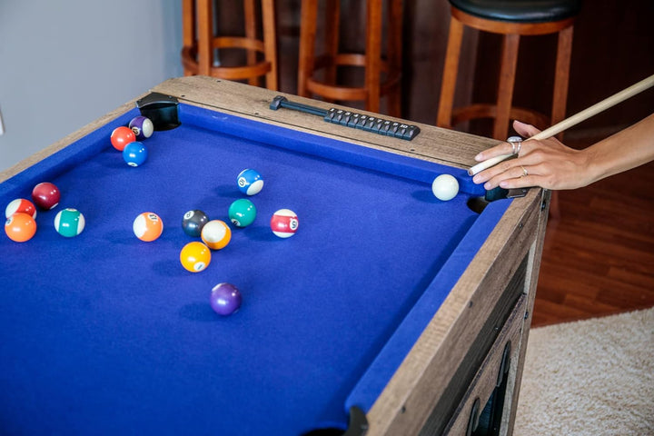 56” 4-In-1 Swivel Multi-Game Table - Air Hockey, Billiards, Foosball, Ping Pong - Rustic Wood Grain Finish, Brown