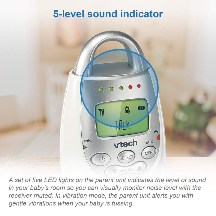Communications DM221 Audio Baby Monitor with up to 1,000 Ft of Range, Vibrating Sound-Alert, Talk Back Intercom & Night Light Loop, White/Silver