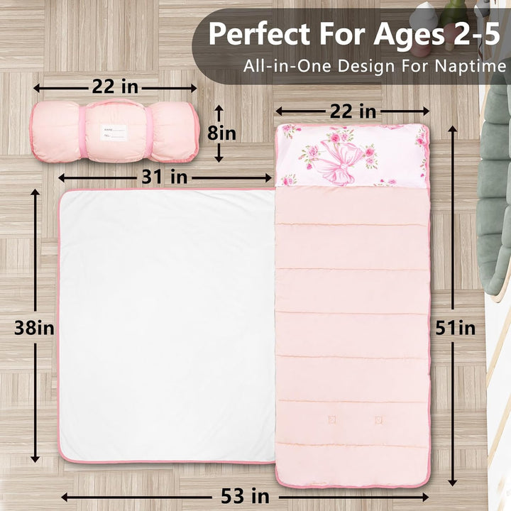 Lightweight Toddler Nap Mat Perfect for Warm Sleepers, Portable Sleeping Bag with Removable Pillow and Fleece Blanket, Washable, Great for 3 Seasons, Daycare, Preschool, Boy and Girls