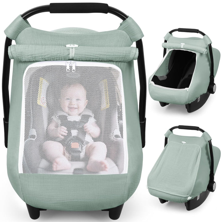Car Seat Cover Baby, Carseat Covers Girl Boy, Breathable Muslin Cotton, Large Mesh Window, Infant Car Seat Canopy Baby Carrier Cover Stroller Sun Shade for Summer & Hot Day, Grey