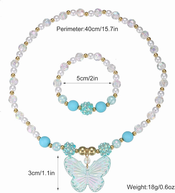 3 Sets Princess Jewelry for Little Girls, Handmade Butterfly Kids Jewelry Set, Stretch Necklace Bracelets, Perfect for Dress Up, Birthday Parties, and Costume Play
