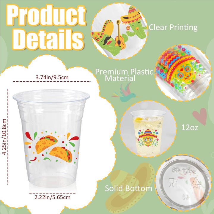 50Pcs Fiesta Cups,12Oz Plastic Disposable Clear Mexican Cups with 5 Pattern Designs for Cinco De Mayo Drinkware Party Supplies Taco Birthday Party Decorations