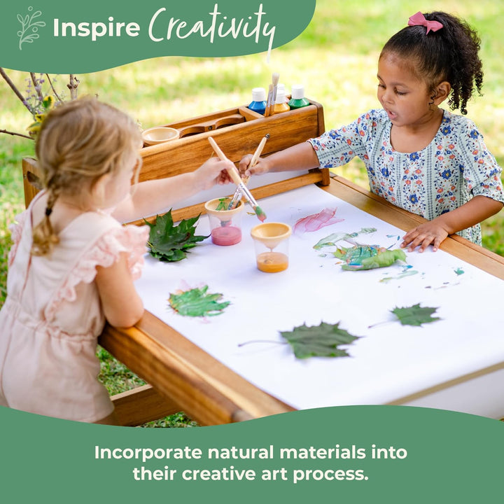 Acadia Outdoor Art Table and Stool Set: Kids Acacia Wood Arts and Crafts Table W/ 2 Chairs, Mobile Storage Paper Roll, and Paint Cups for Drawing, Painting and Toddler Picnic Activities