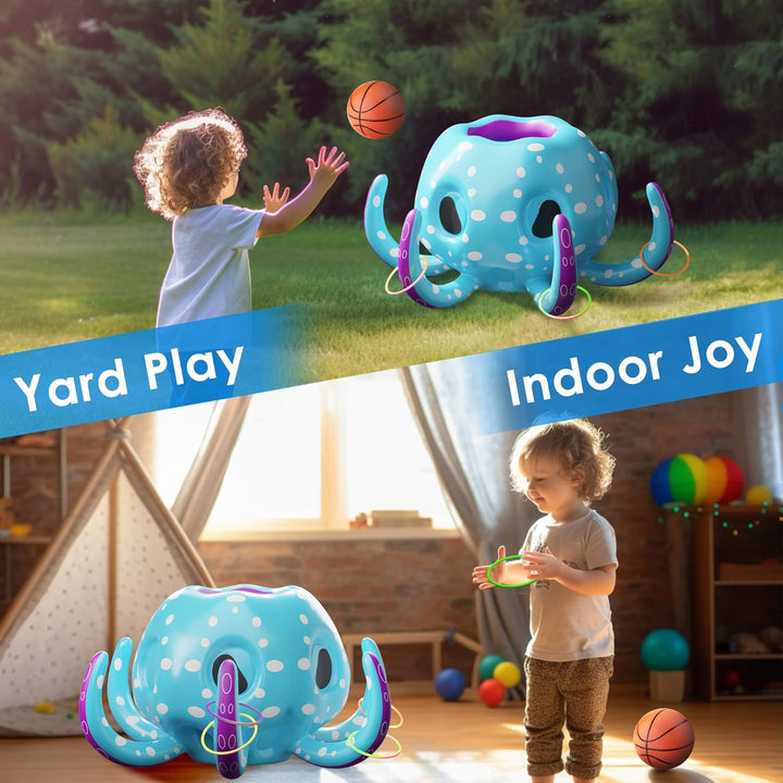 Pool Wave Kids Octopus Pool Toys, 2-In-1 Inflatable Float Water Game, Basketball Hoop Ring Toss Outdoor Swim Play, Cool Summer Family Party Gift 3 4 5 6 7 8 Year Old Boy Girl Child-Blue