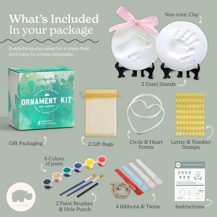 Baby Ornament Keepsake Kit (Newborn Bundle) - 2 Easels, 4 Ribbons & Letters! Handprint and Footprint Clay Casting Kit for Baby Shower Gifts, Boys & Girls