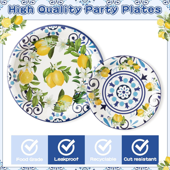 96Pcs Capri Lemon Party Plates Supplies Blue Tiles Yellow Lemon Party Tableware Decorations Summer Citrus Fruit Disposable Paper Plates Napkins Forks for Kids Birthday Baby Shower, Serves 24