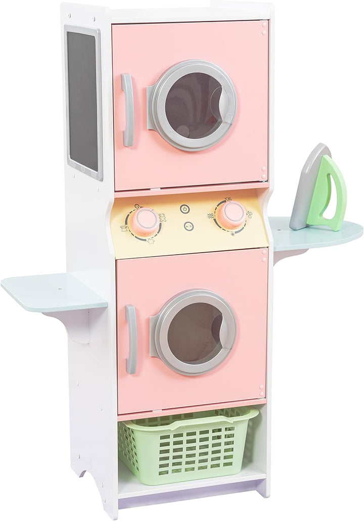 Laundry Playset Children'S Pretend Wooden Stacking Washer and Dryer Toy with Iron and Basket, Espresso, Gift for Ages 3+