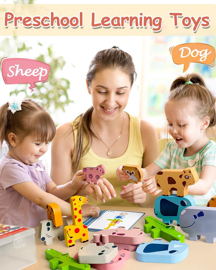 Montessori Toys for 1 2 3 4 Year Old Boys Girls, Toddler Toys Age 2-4, 1 2 3 4 Year Old Girl Boy Birthday Gifts, 10 Pack Wooden Animal Blocks Sorting & Stacking Education Toddler Puzzles Toy