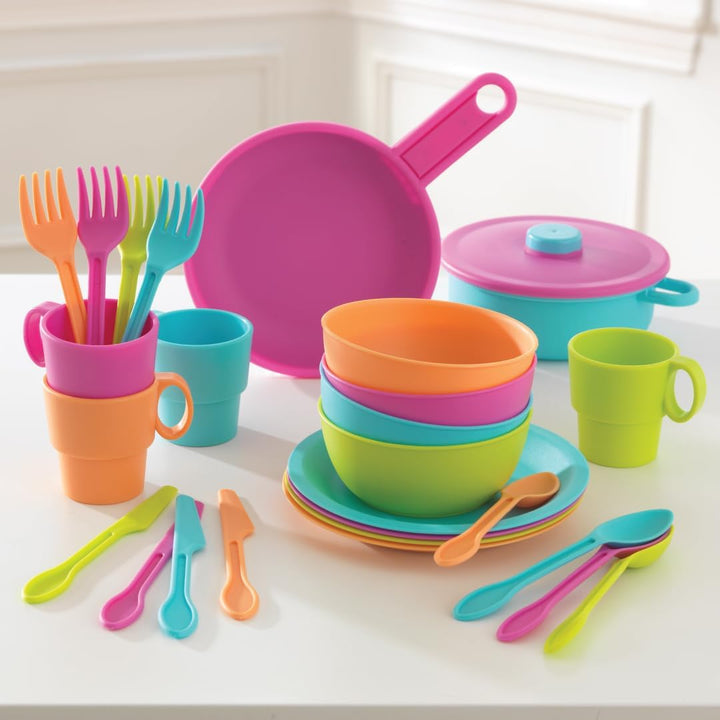 27-Piece Bright Cookware Set, Plastic Dishes and Utensils for Play Kitchens