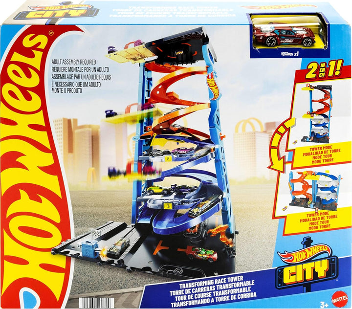 City Toy Car Track Set, Transforming Race Tower, Single to Dual-Mode Racing, with 1:64 Scale Vehicle, 2 Ways to Play