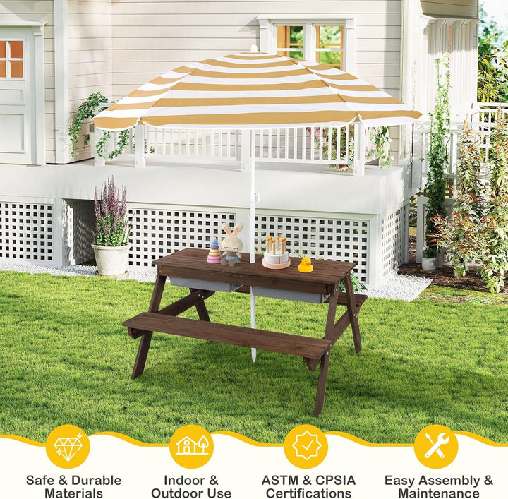 Kids Picnic Table, 4 in 1 Sand and Water Tables W/Detachable Tabletop, 2 Removable Play Boxes, Foldable & Height Adjustable Umbrella, Wood Sensory Table and Bench for Outdoors, Indoors (Brown)