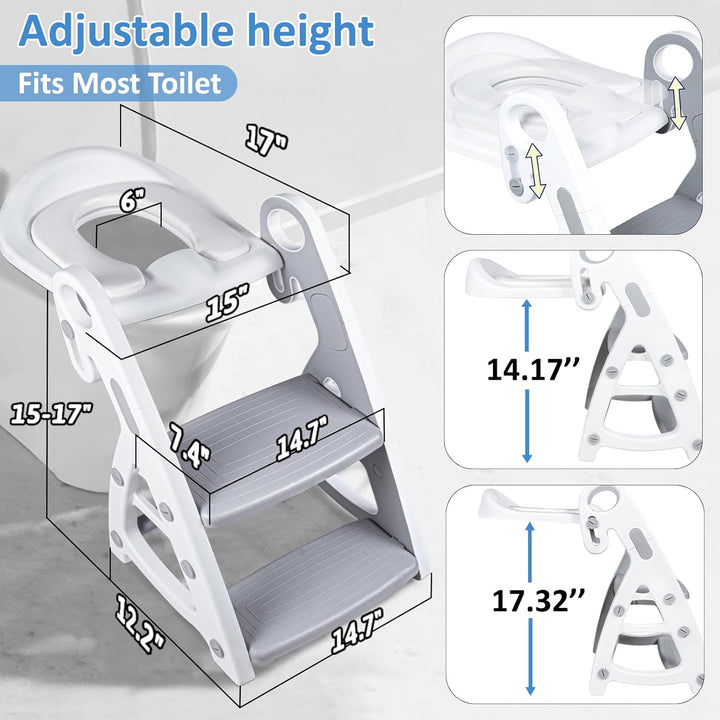 Potty Training Seat, 2-In-1 Toddler Toilet Seat with Step Stool, Ultra-Stable Potty Chair Attachment, Adjustable Seat and Step Ladder, Non-Slip Design, Splash Guard for Boys and Girls(Grey)