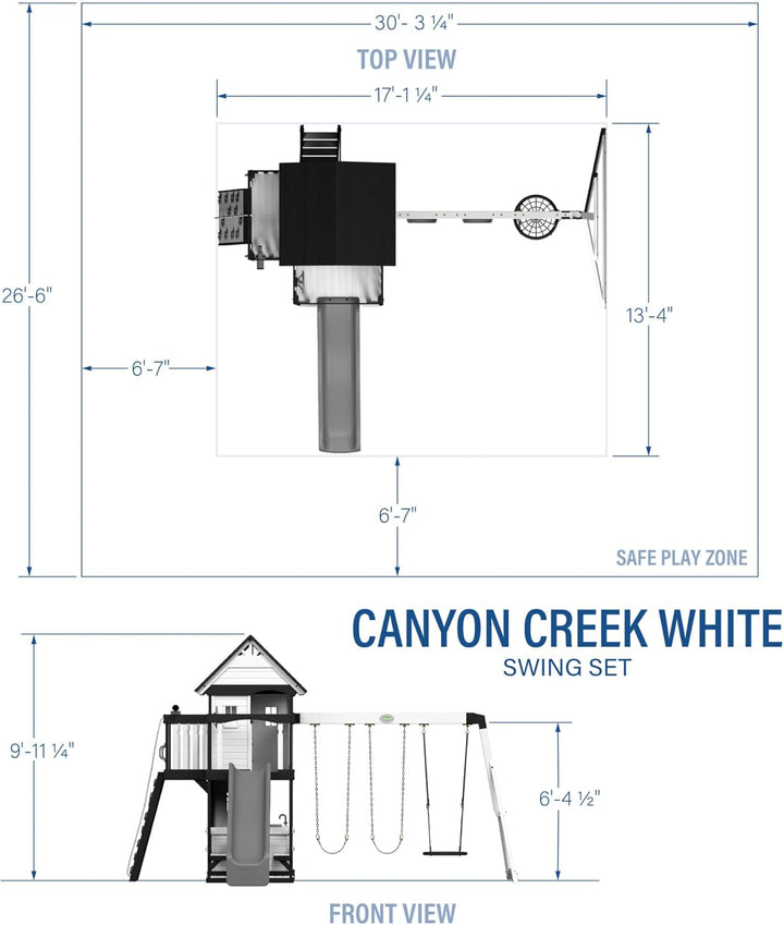 Canyon Creek White Cedar Wood Swing Set with Wave Slide, Clubhouse, Play Kitchen, Picnic Area, Belt Swings, Web Swing, Rock Wall, Balconies, Playhouse, Step Ladder, Outdoor Playset