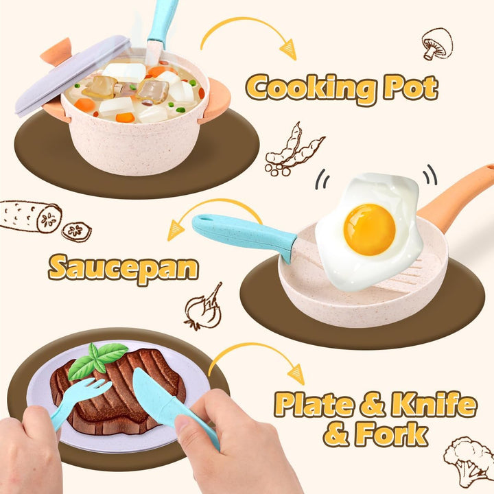 Play Kitchen Accessories, Pretend Play Kids Kitchen Playset Toys with Cookware Pots and Pans, Cooking Utensils, Afternoon Tea Toy Play Sets, Toys Gift for 3 4 5 Years Old Toddlers Girls Boys