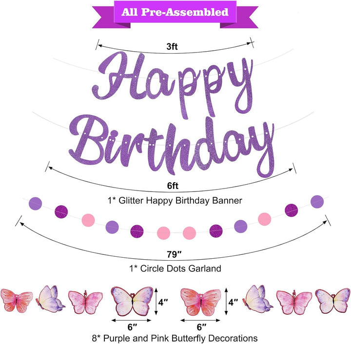 Purple Birthday Decorations, Pre-Strung Happy Birthday Banner with Butterflies and Circle Dot Garland, NO DIY Butterfly Party Decorations for Women Girls Men Boys