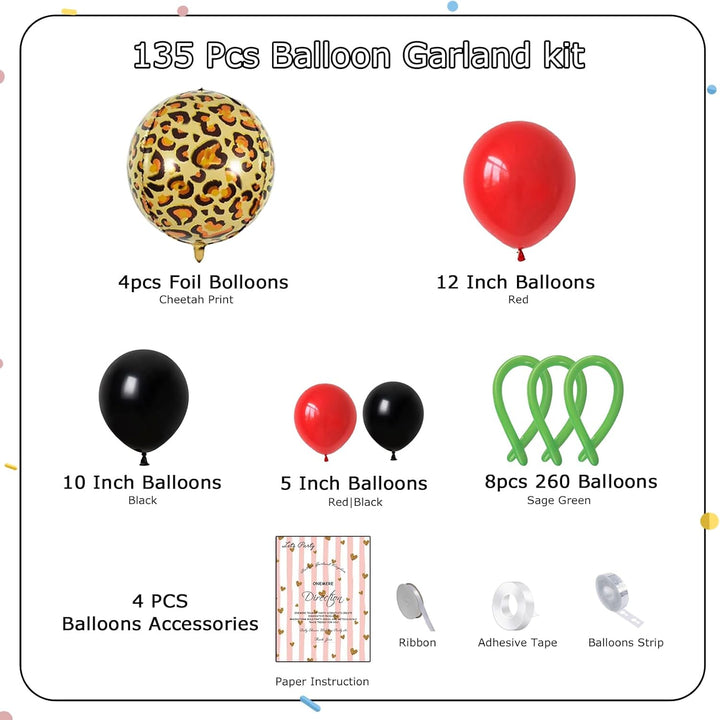 Red and Black Balloons Arch Kit 135Pcs Cherry Birthday Decorations, 4Pcs Foil Cheetah Print Balloons for Baby Shower, Bachelorette Party Decorations