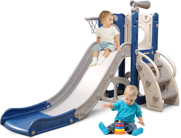 6 in 1 Toddler Playset with Slide,Toddler Slide,Slide for Kids with Basketball Hoop,Ball,Ring Toss,Kids Slide Toddler Playground Toddler Slide Indoor Outdoor Toys