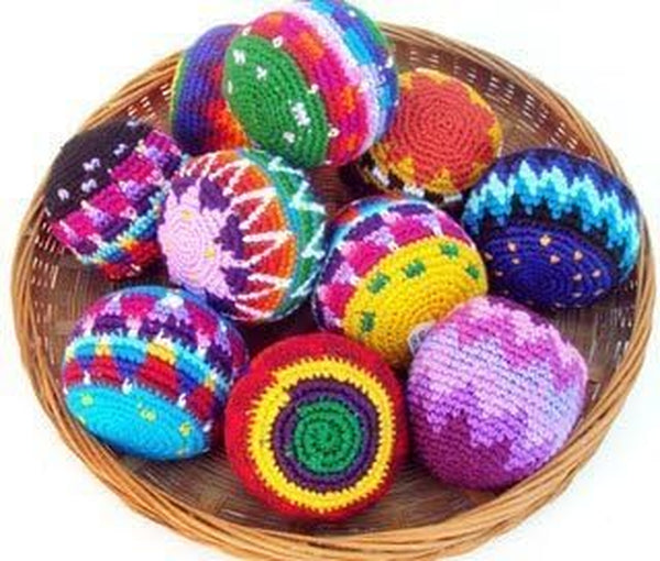 Multicolored Crochet Assorted Geometric Pattern Hacky Ball, Foot Bag Kick Sack, Indoor and Outdoor Toys for Kids and Adults, Set of 3