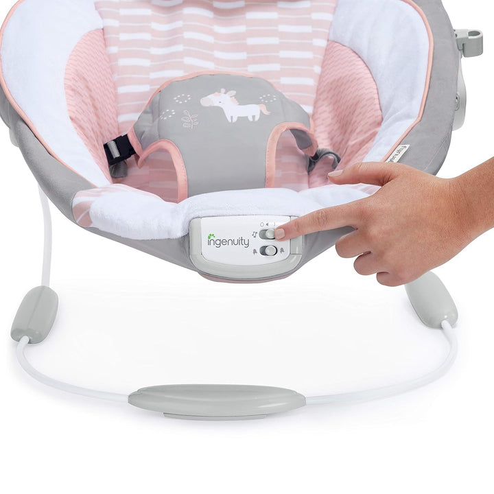 Soothing Baby Bouncer Infant Seat with Vibrations, -Toy Bar & Sounds, 0-6 Months up to 20 Lbs (Pink Flora the Unicorn)