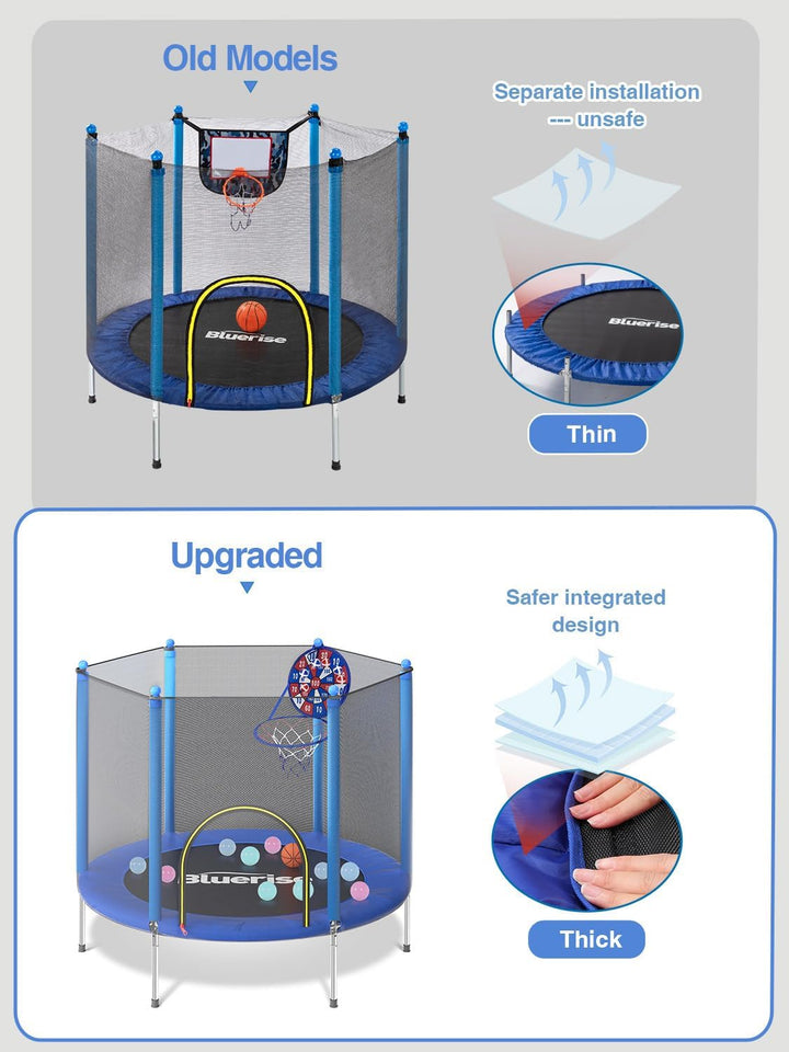 Trampoline 55IN 6FT Toddler Trampoline for Kids Indoor Outdoor Play for Kids Trampoline Basketball Hoop Attachment with Enclosure Net Easy to Assemble Outdoor Indoor Trampoline