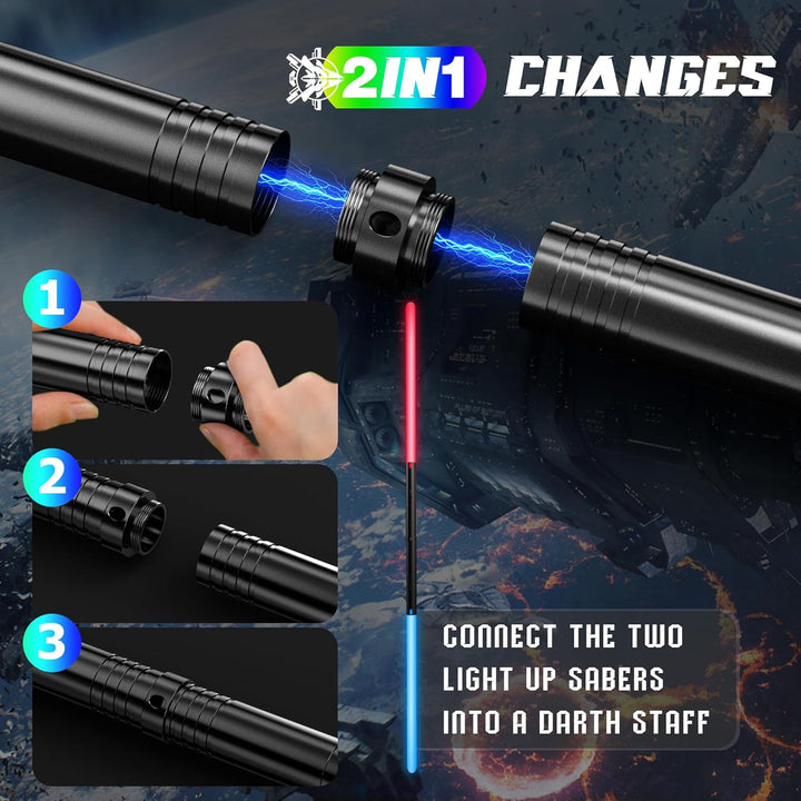 Lightsaber, Light Sabers with RGB 15 Colors, USB Rechargeable Lightsabers with FX Sound and Motion Sensors, Light Saber Sword Toy for Kids, Halloween Xmas Gift, Galaxy War Fighters Cosplay, 2Packs
