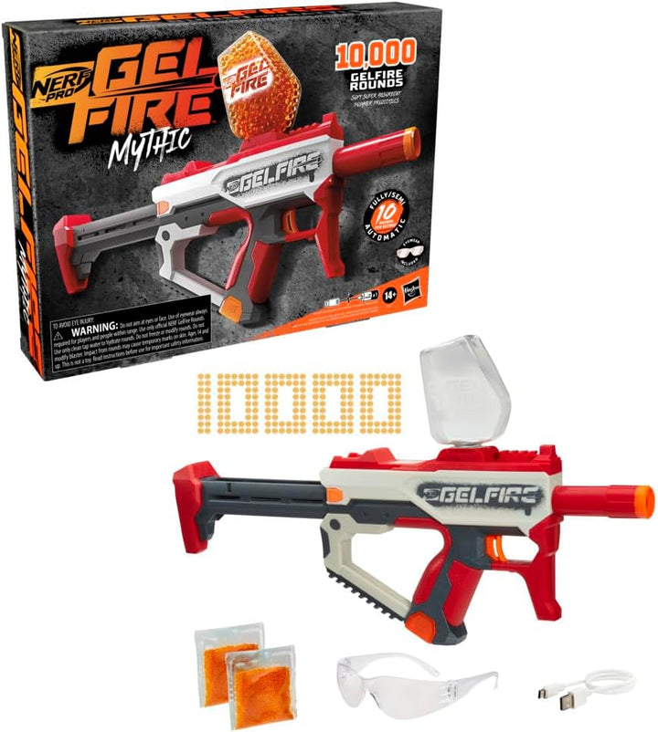 Pro Gelfire Mythic Full Auto Blaster & 10,000 Gelfire Rounds, 800 round Hopper, Rechargeable Battery, Eyewear, Ages 14 & Up
