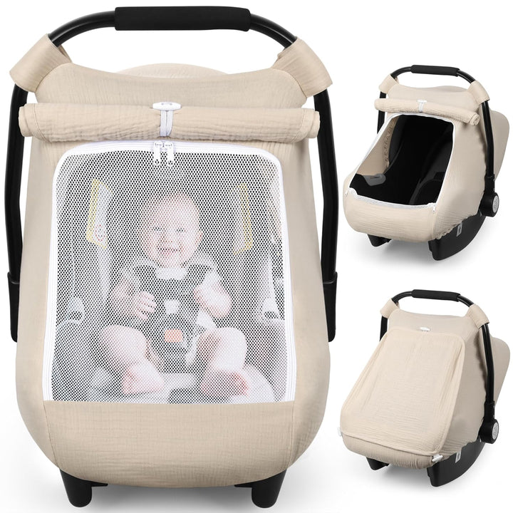 Car Seat Cover Baby, Carseat Covers Girl Boy, Breathable Muslin Cotton, Large Mesh Window, Infant Car Seat Canopy Baby Carrier Cover Stroller Sun Shade for Summer & Hot Day, Grey