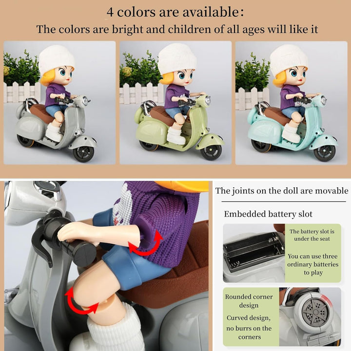 Motorcycles Scooter Toy Doll - with Light and Music, Cute Have a Seat for Accessories, Decor Desktop Ornaments Collectors (Off-White)