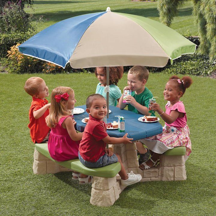 Naturally Playful Kids Picnic Table with Removable Umbrella, Indoor/Outdoor Toys, Fits 6 Children, Made of Durable Plastic, for Toddlers 3+ Years Old, Blue & Green
