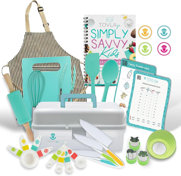 Jr. Kids Real Cooking and Baking Gift Set with Cookbook and Storage Case- Montessori Complete Cooking Supplies for the Junior Chef - Set for Girls & Boys - Utensils and Kid Safe Knives.